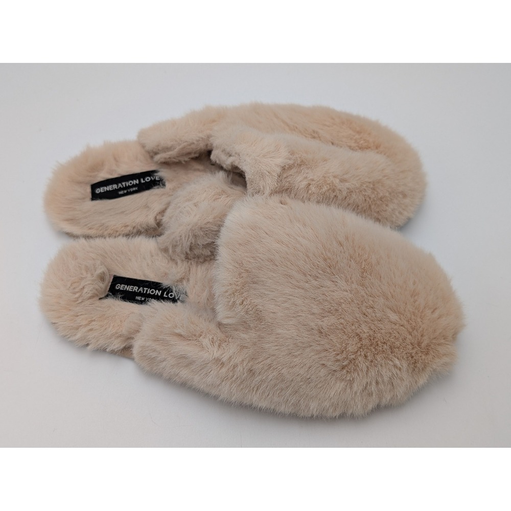 Generation Love New York Tan Faux Fur Plush Slide Slippers Womens House‎ Shoes